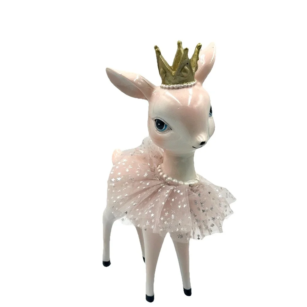 Bella Lux Pink Deer Figurine 10 Inch Crown Tulle Skirt Christmas Decor Princess